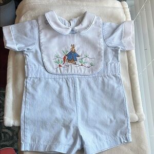 Blue Striped Baby Romper with Embroidered Design